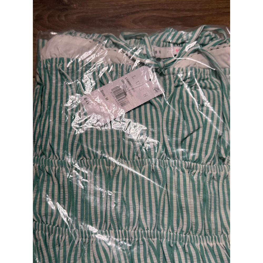 NWT! Lush Shirred Puff Sleeve Maxi Dress in Green Stripe Size Medium - Picture 4 of 6